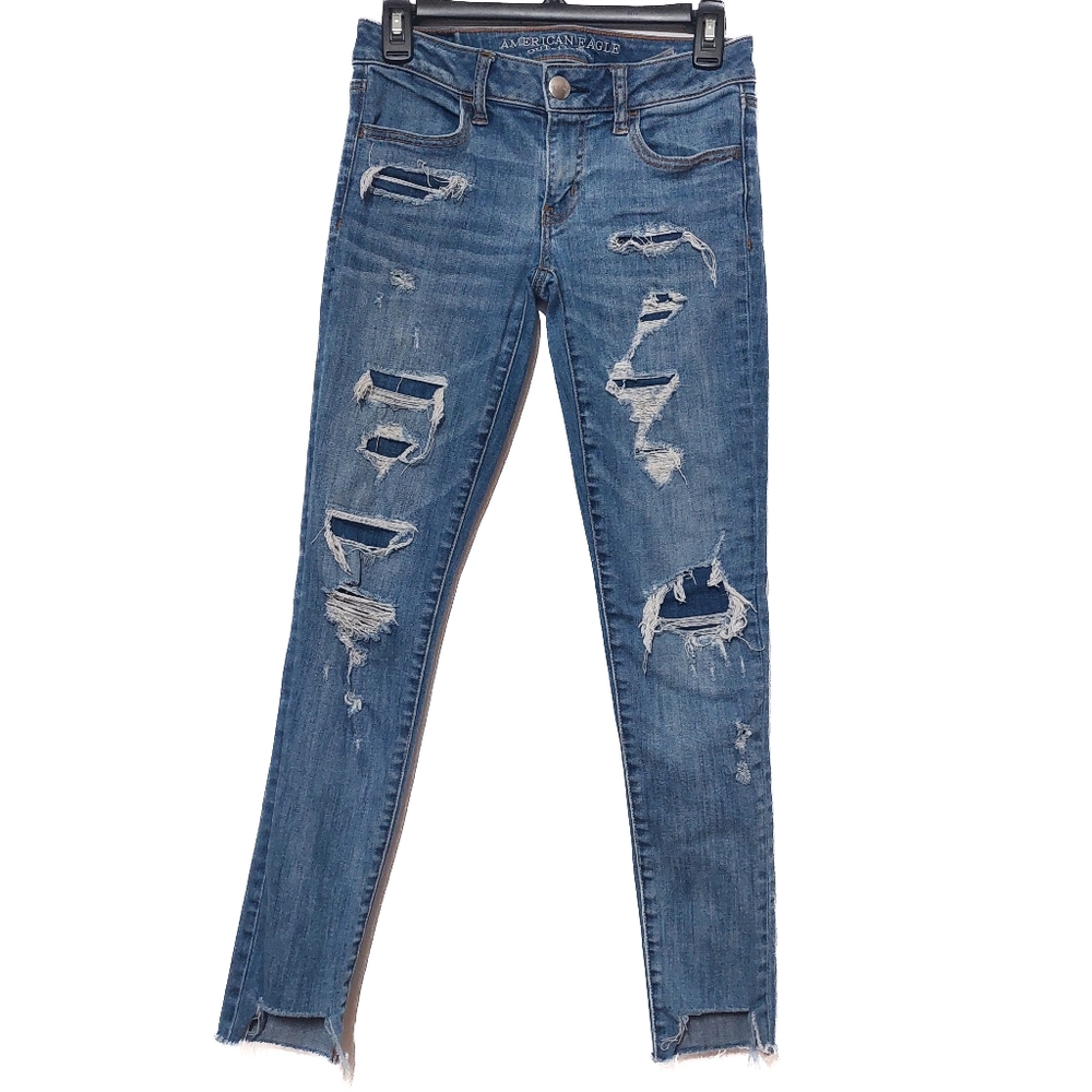 American Eagle Ripped Skinny Jeans Size 4 Distressed Low Rise Jegging Patches